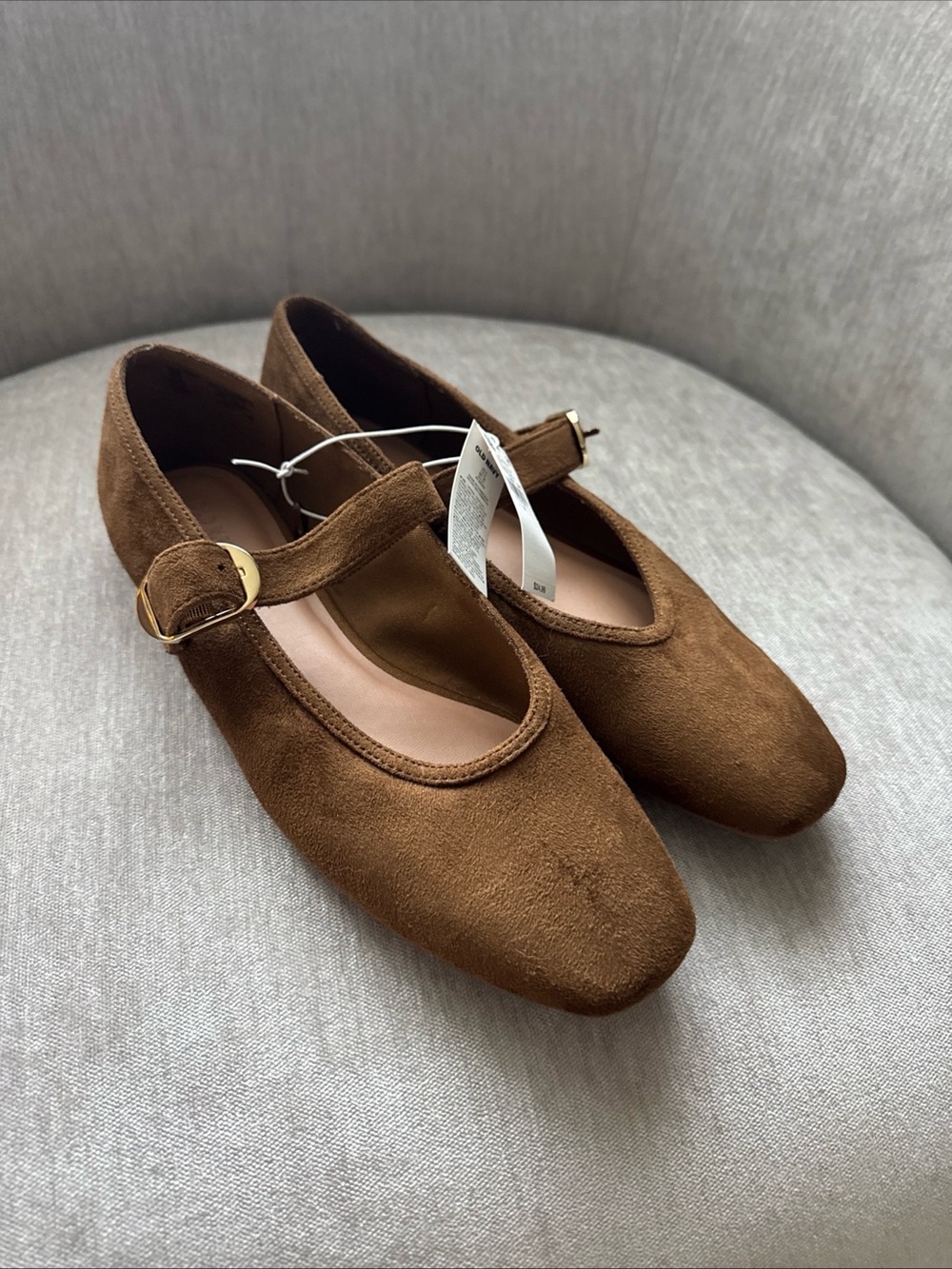 Old Navy Brown faux Suede Mary Jane Flats with Gold Buckle